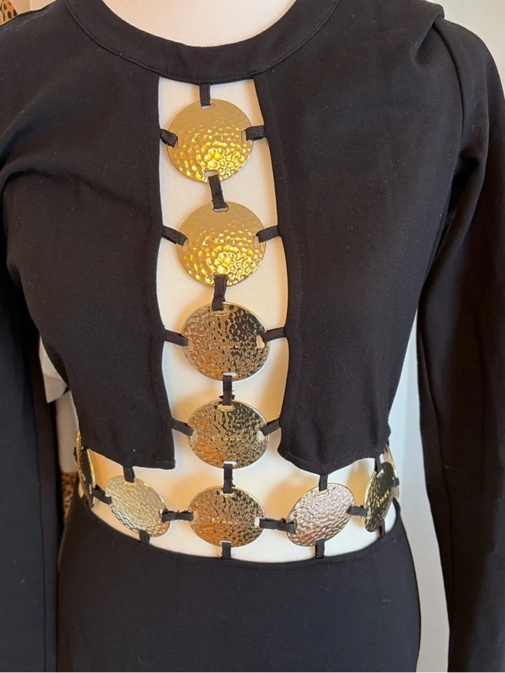 STAUD Black Long-Sleeve Maxi Dress with Gold Disk Accents - Picture 2 of 3